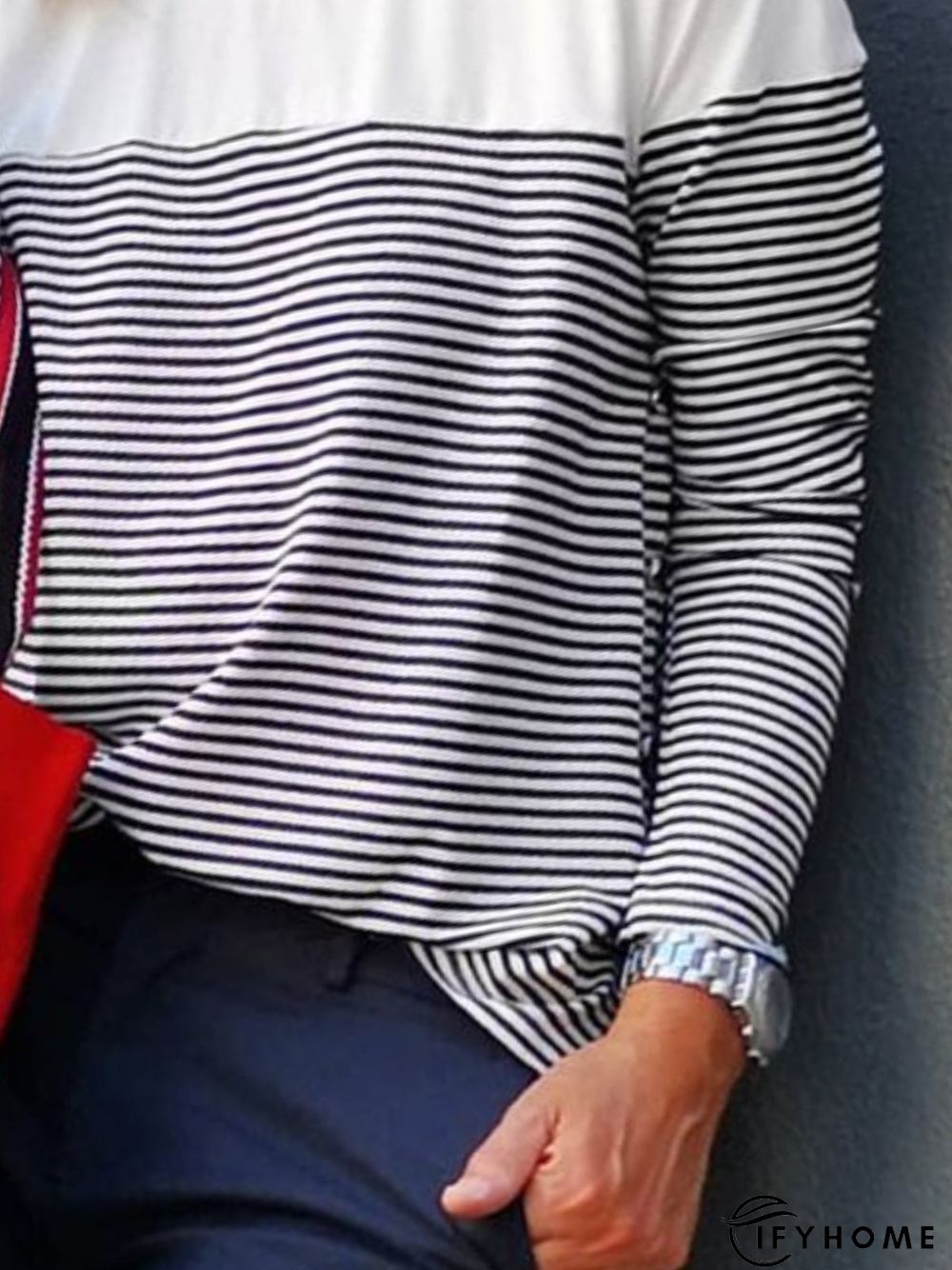 Long Sleeve Casual Round Neck Striped T-shirt | IFYHOME