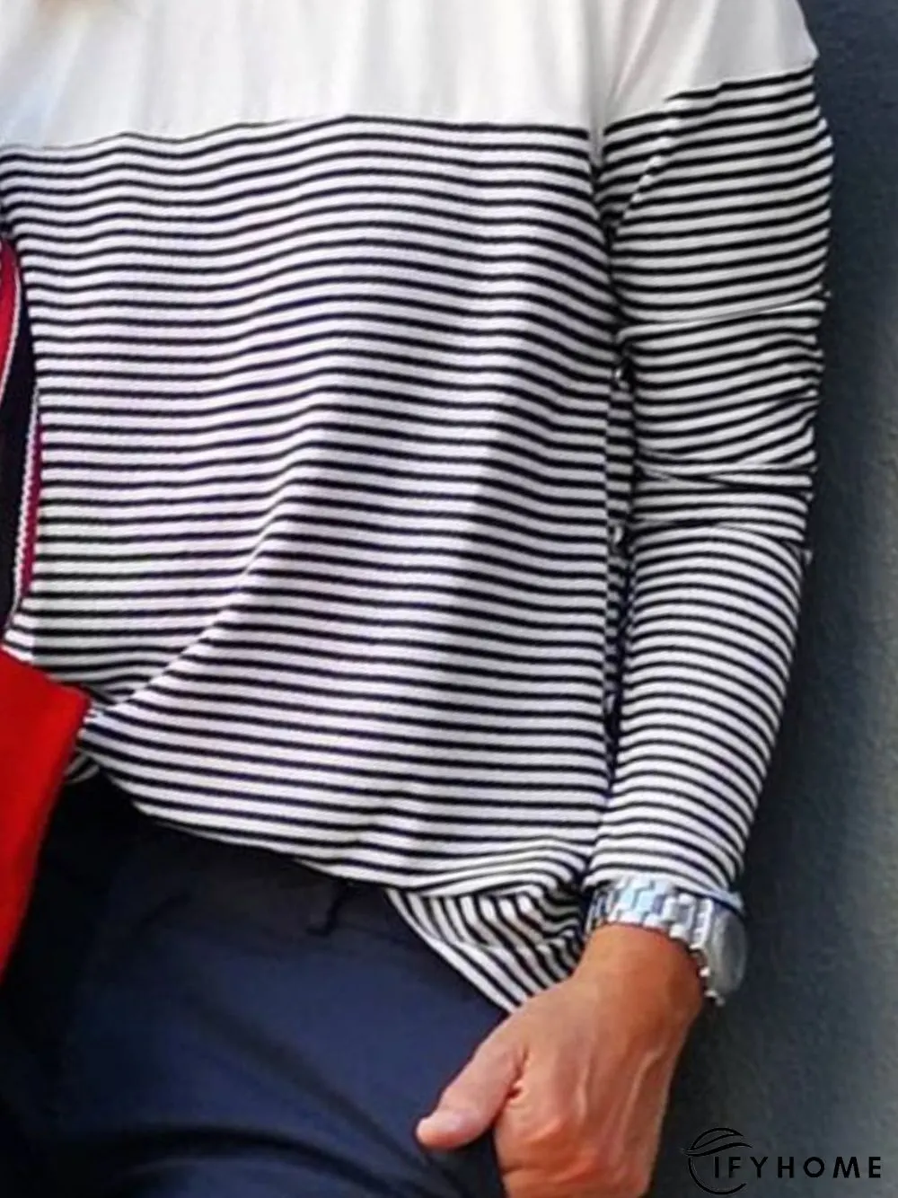 Long Sleeve Casual Round Neck Striped T-shirt | IFYHOME
