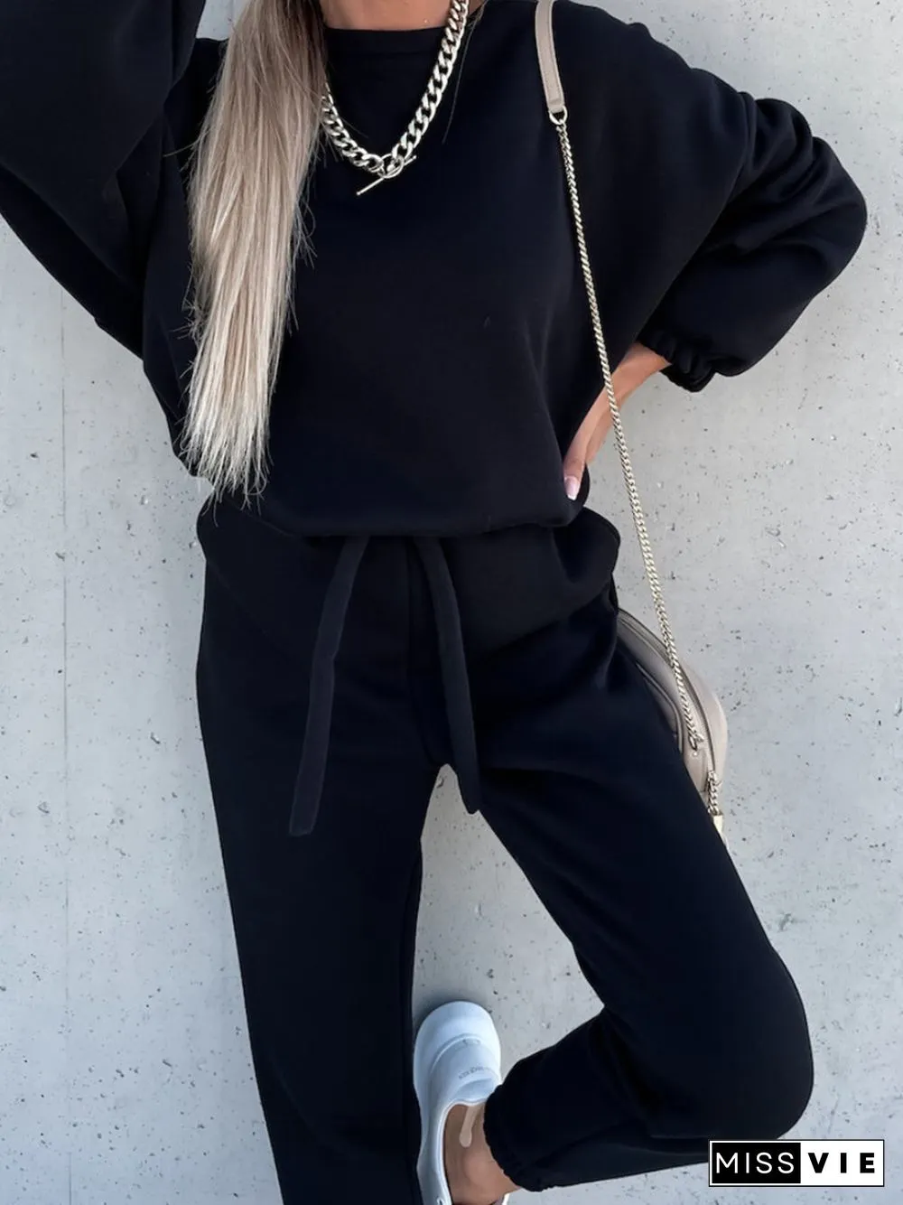 Plain O-Neck Casual Long-Sleeved Sweatshirt Two-Piece Suit