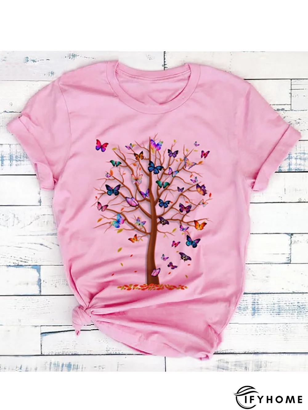 Casual Crew Neck Butterfly Printed Short Sleeve T-Shirt shirt & Top | IFYHOME