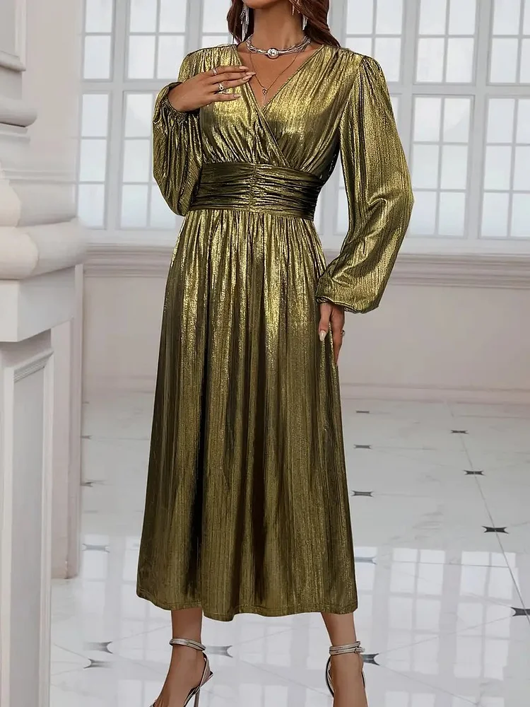 Women's Party Promn Evening Dress V-Neck Pleated Waist Elegant Dress