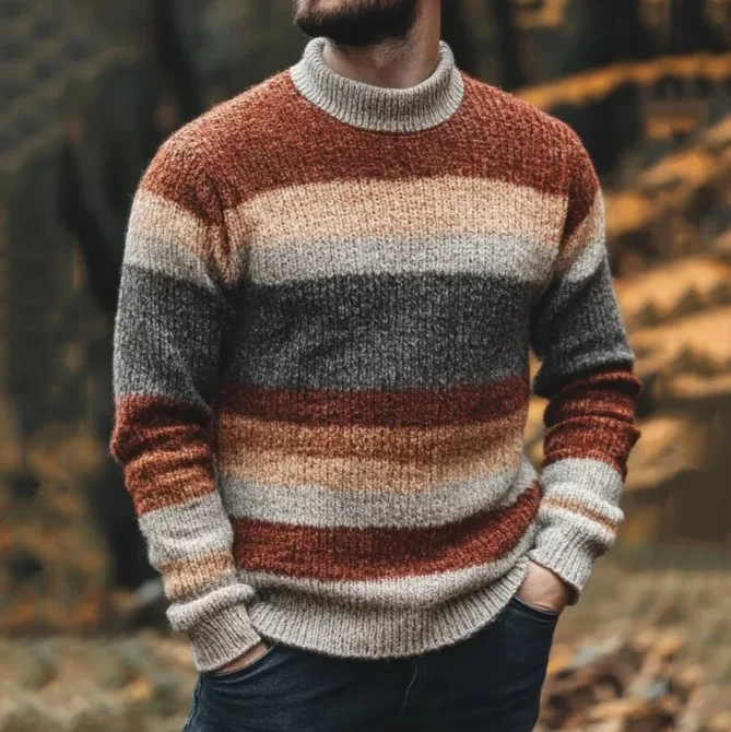 Utbros Men's Retro Color Block Striped Turtleneck Sweater