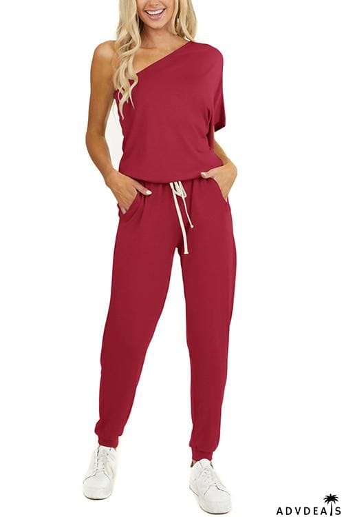 One Shoulder Drawstring Jumpsuits