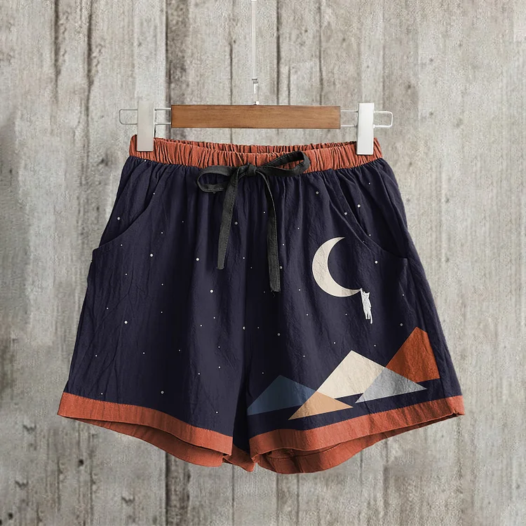 Abstract Creative Cute Cat On The Moon Painting Art Linen Shorts