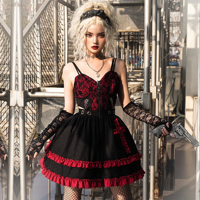 Gothic Lolita JSK Dress Sleeveless  Lace Up  Pleated Red Lolita Jumper Skirt Novameme