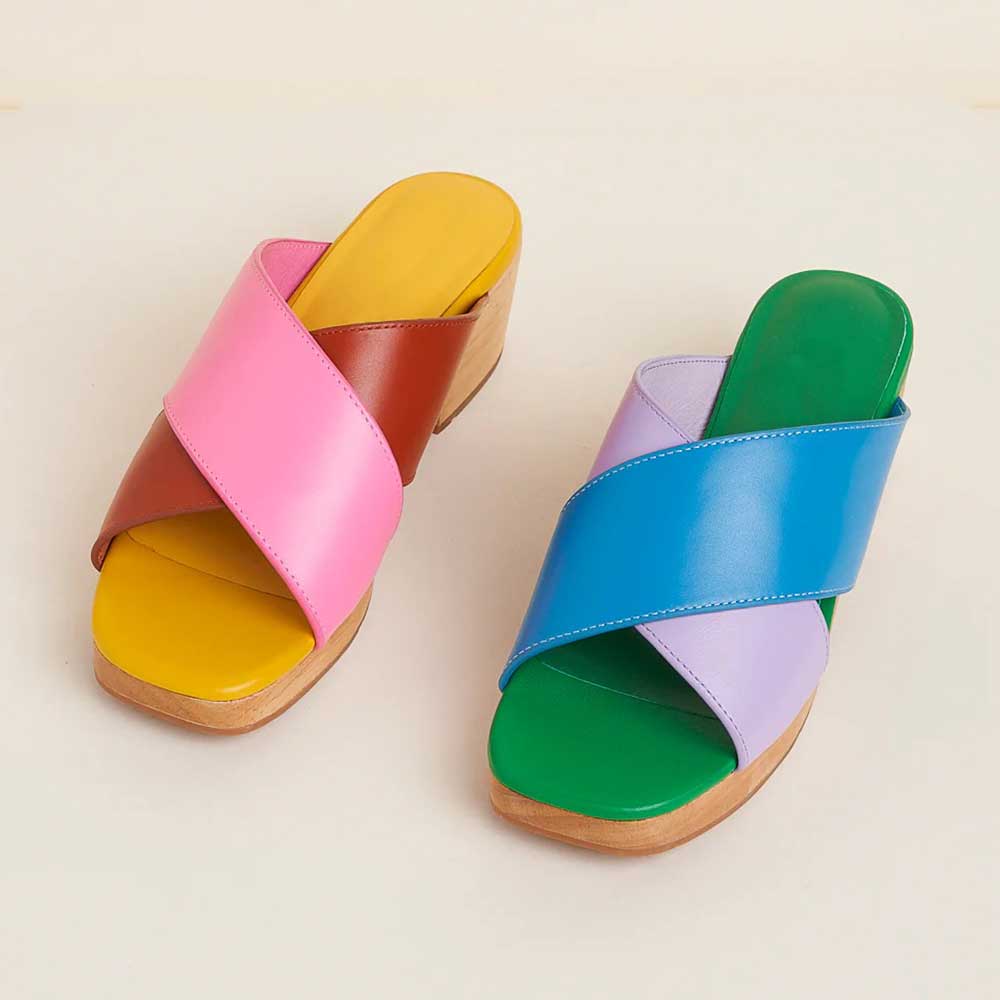 Multi-Color Block Heel Square Toe Cross Strap Platform Mules Sandals Nicepairs