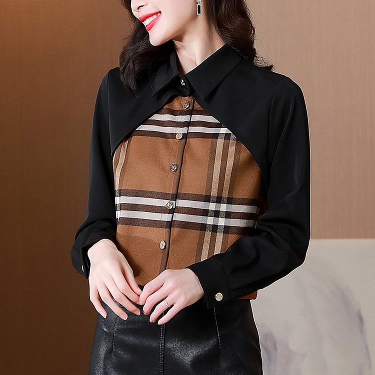 Grid Long Sleeve Paneled Checkered/plaid Cotton-Blend Shirts & Tops
