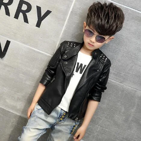 boys coat children's pu jacket fashion kid outwear solid color long sleeve Casual motorcycle jacket  spring autumn rivet cool