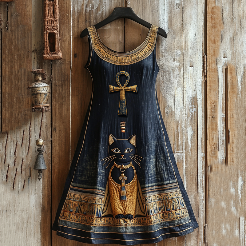 Vintage Ancient Egyptian Bastet Black Cat Graphics Linen Sleeveless Mini Dress
