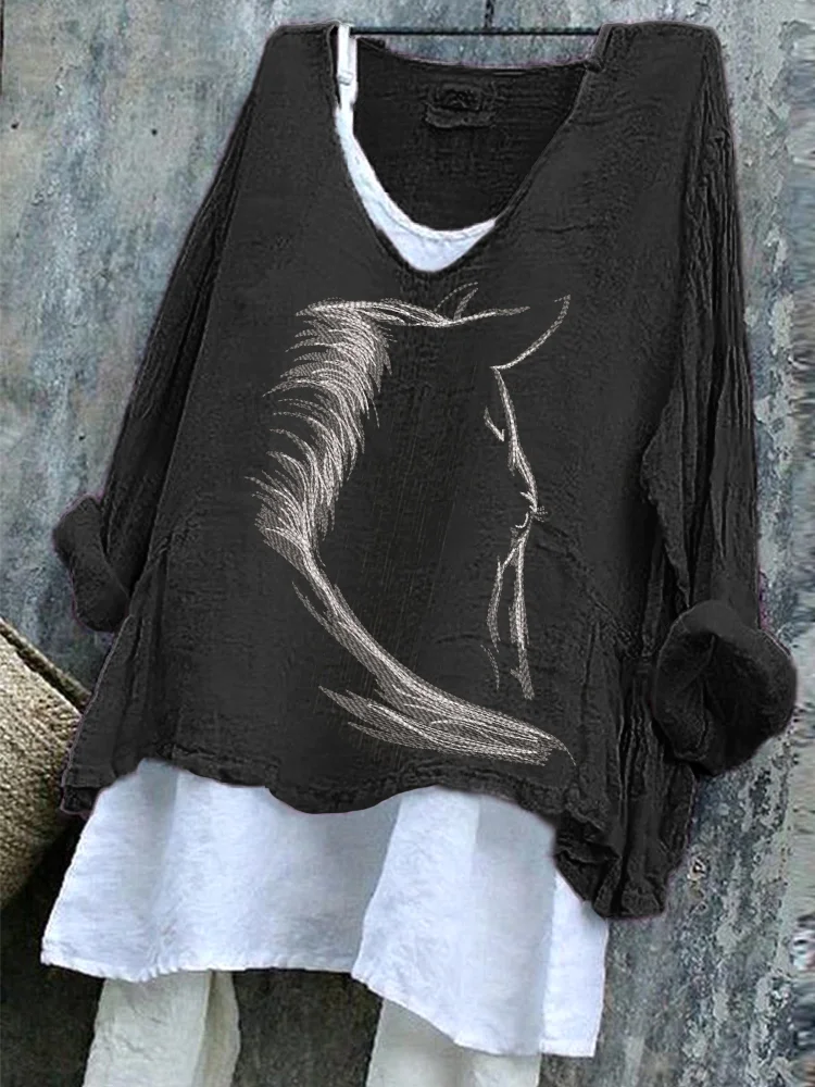 Comstylish Horse Embroidery Pattern Cozy Cotton Linen Shirt