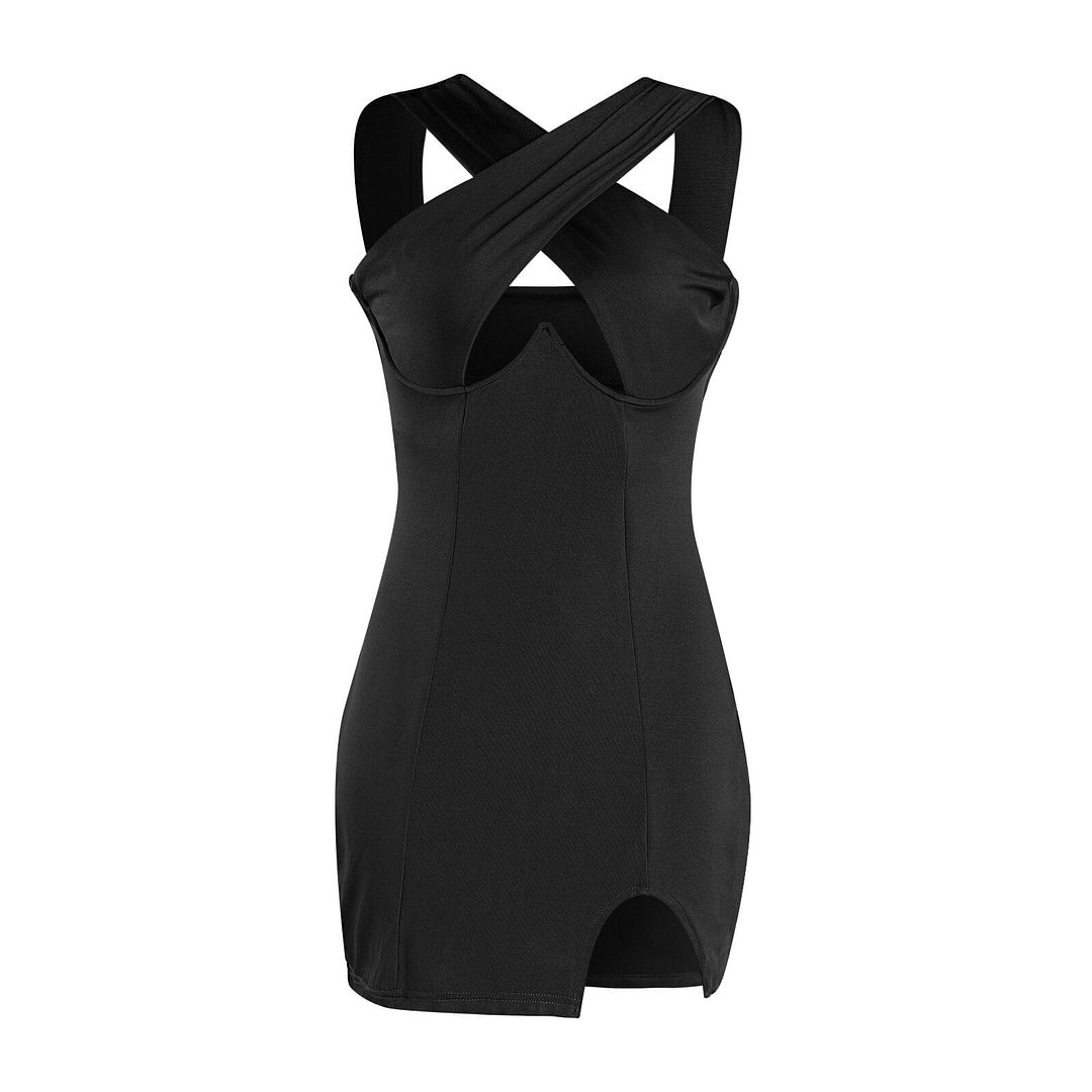 wsevypo Sexy Women Cutout Cross Halter Wrapped Dress Chic Printted Sexy Hollow Chest Skinny Sheath Dress Summer Party Clubwear