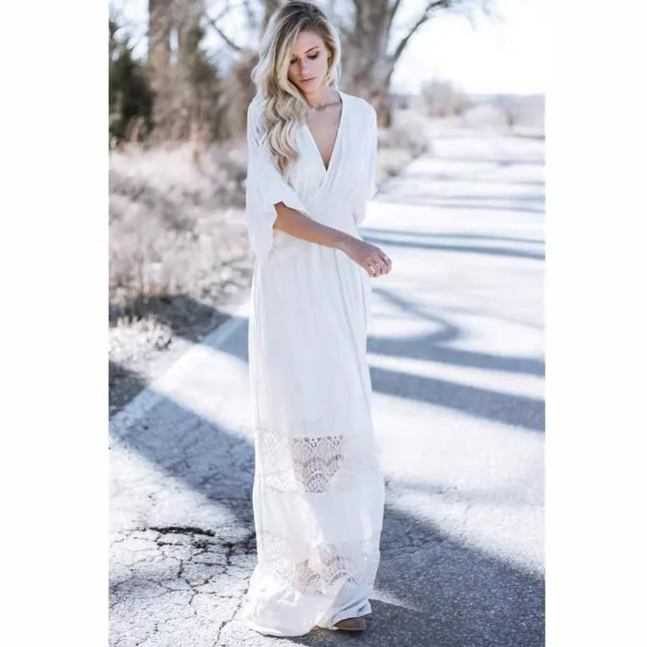 Uveng Uveng Spring And Summer Female Bohemian Beach White Cotton Wrinkled Dress Solid Color Long Dress
