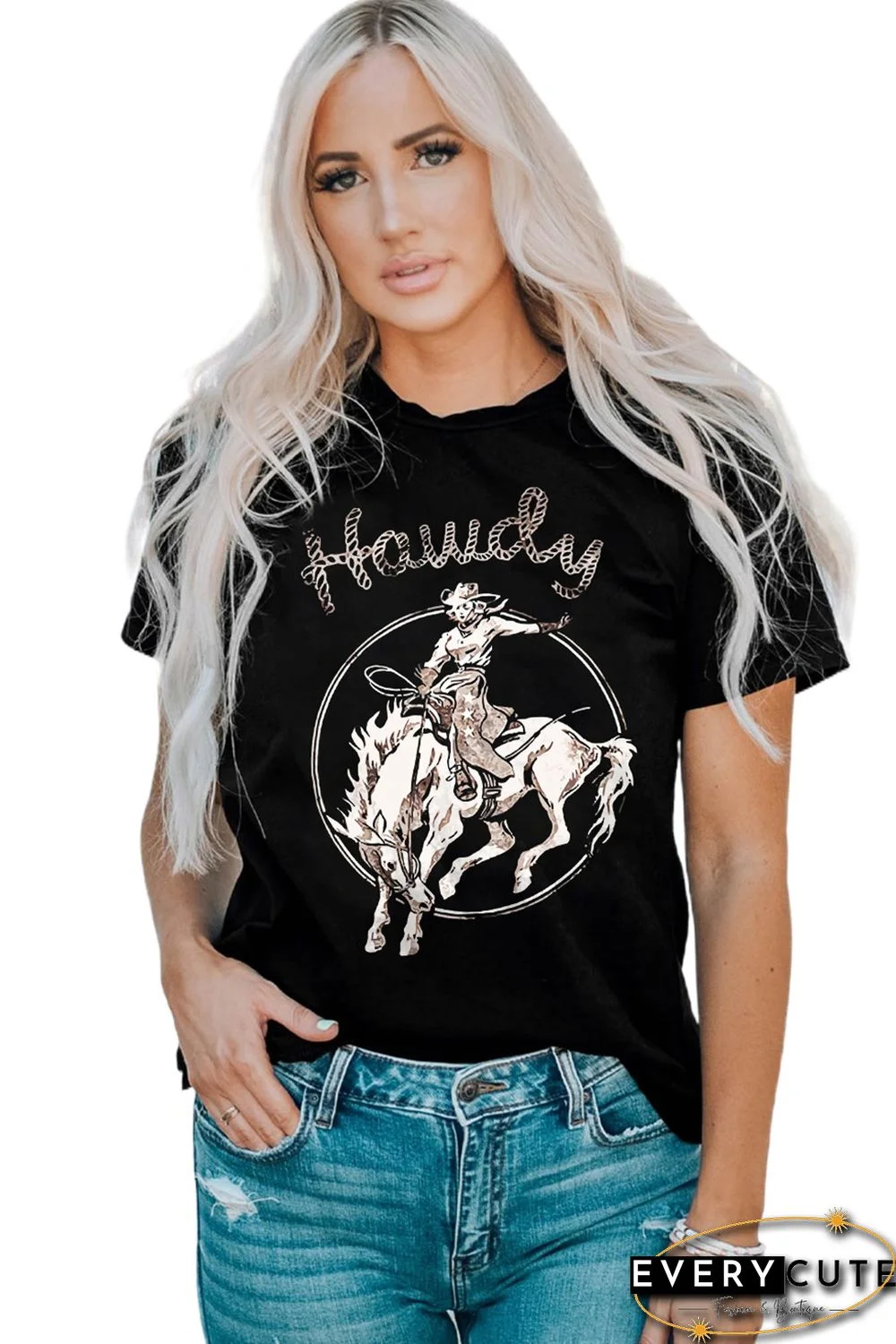 Black Howdy Western Cowboy Graphic Print Crewneck T Shirt