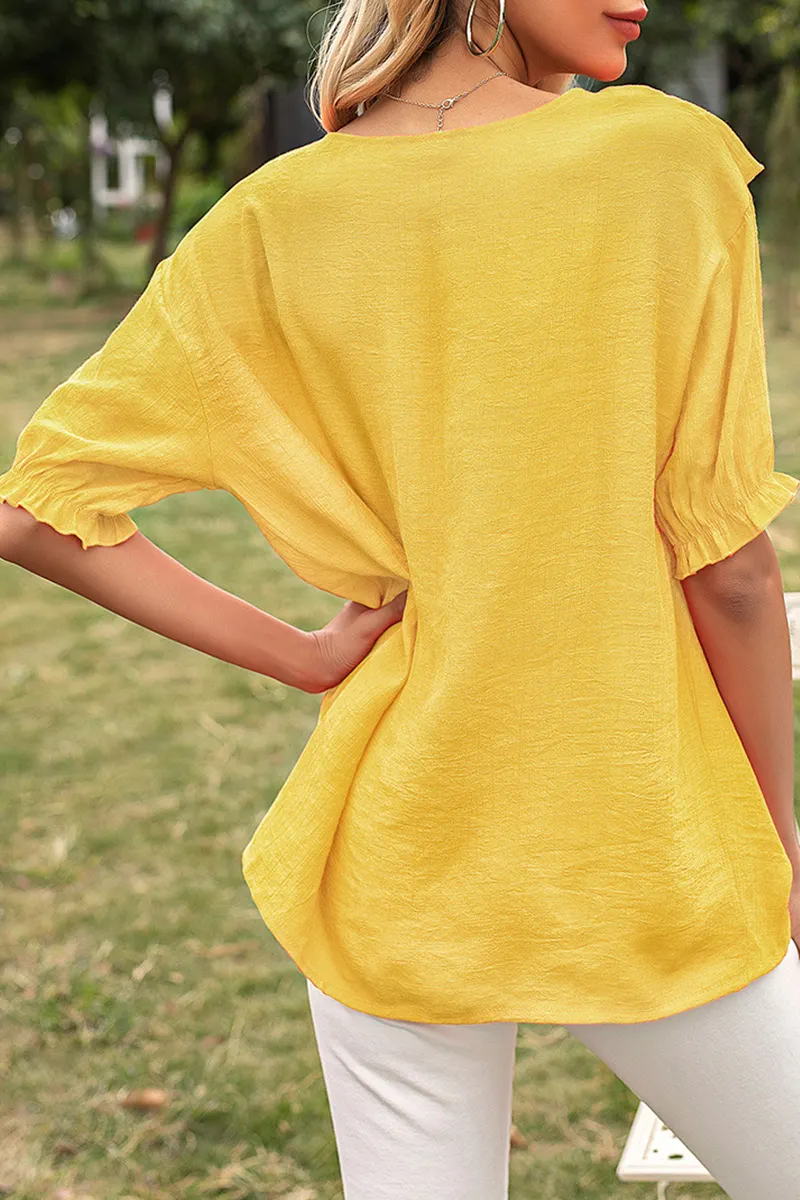 Elegant Solid Split Joint Flounce O Neck T-Shirts