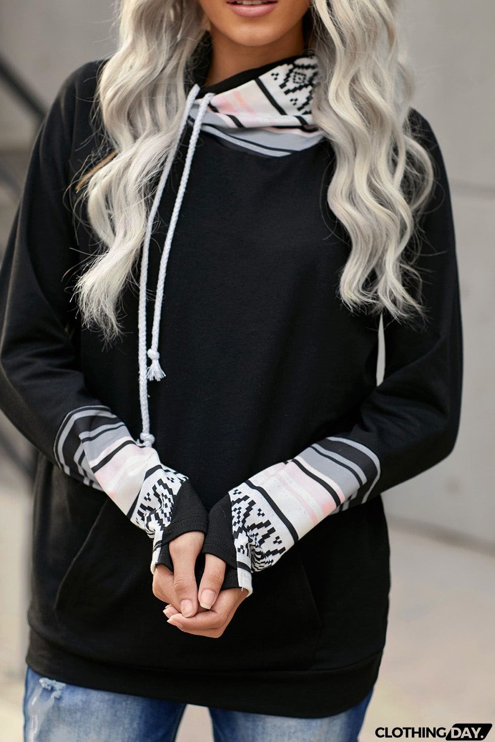 Plaid Double Hoods Thumb Hole Hoodie