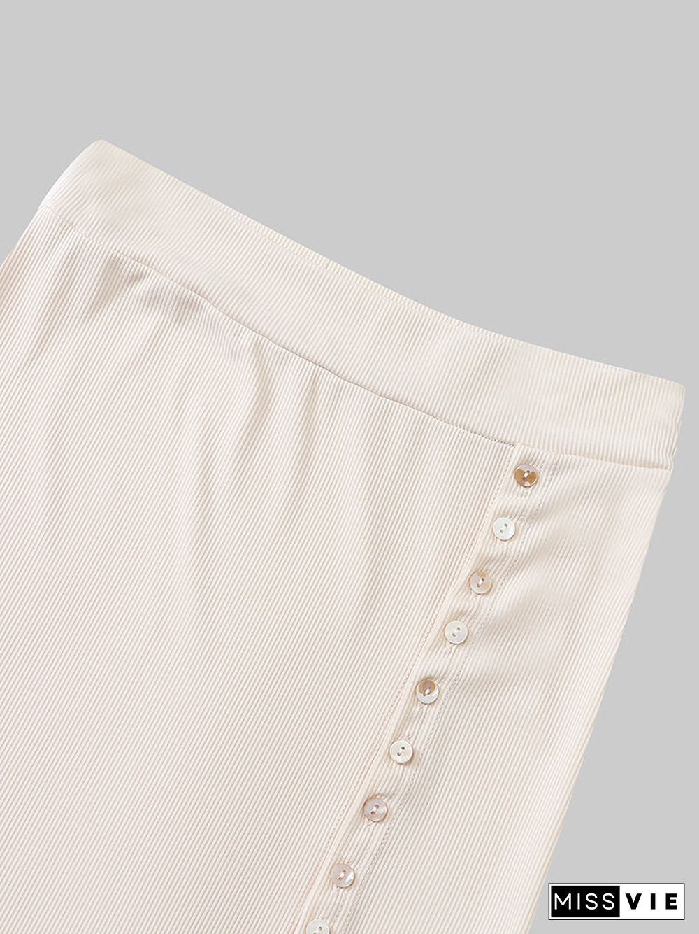 Solid Button Slit Ribbed Knit Elastic Waist Skirt For Women