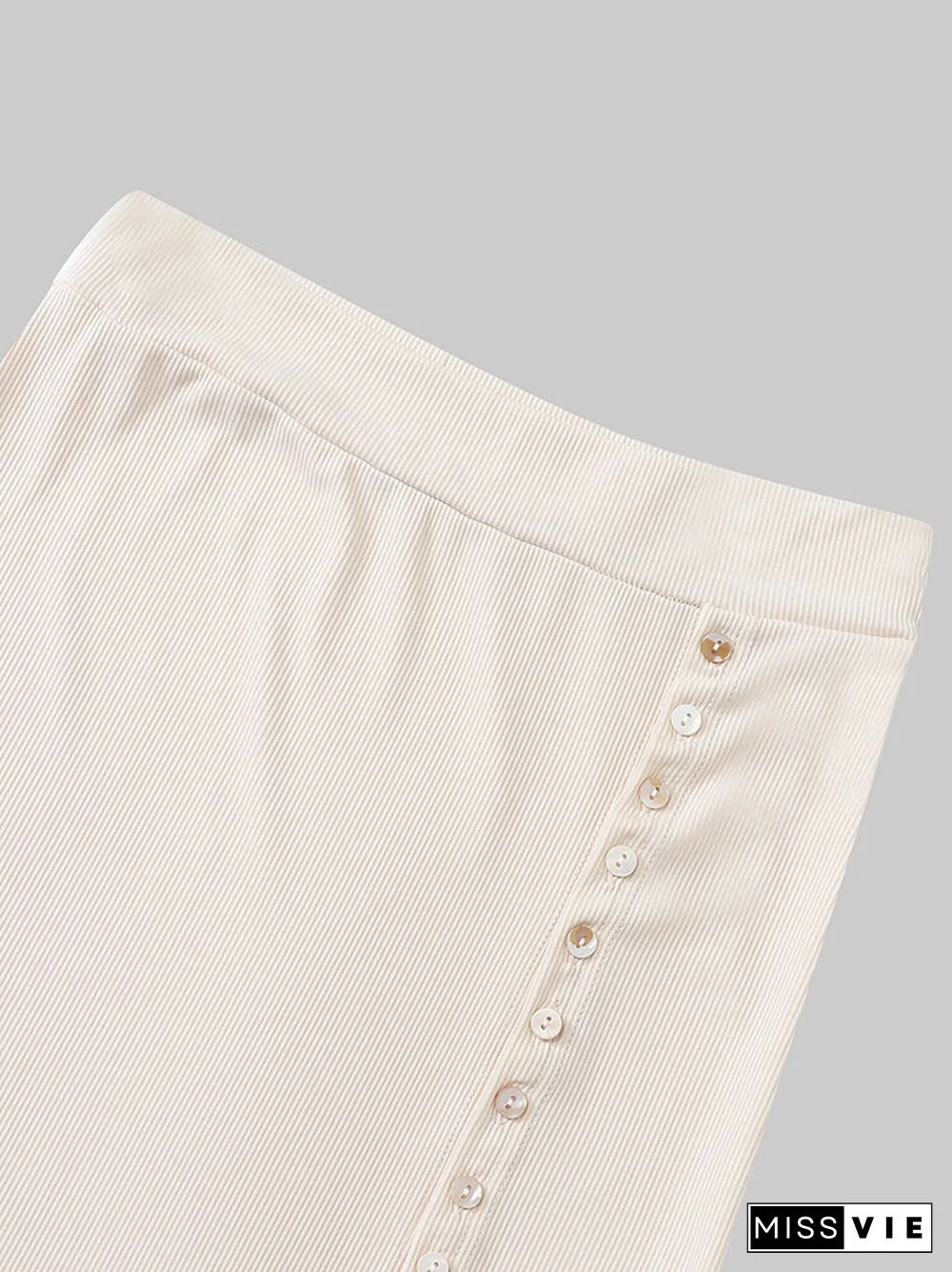 Solid Button Slit Ribbed Knit Elastic Waist Skirt For Women