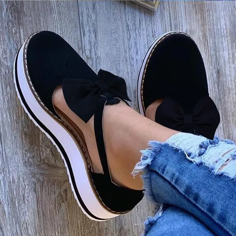 Women Bowtie Platform Flat Loafer Summer Shoes Ladies Slip On Cover Heel Shoes Female Sewing Woman Fashion Footwear Plus Size