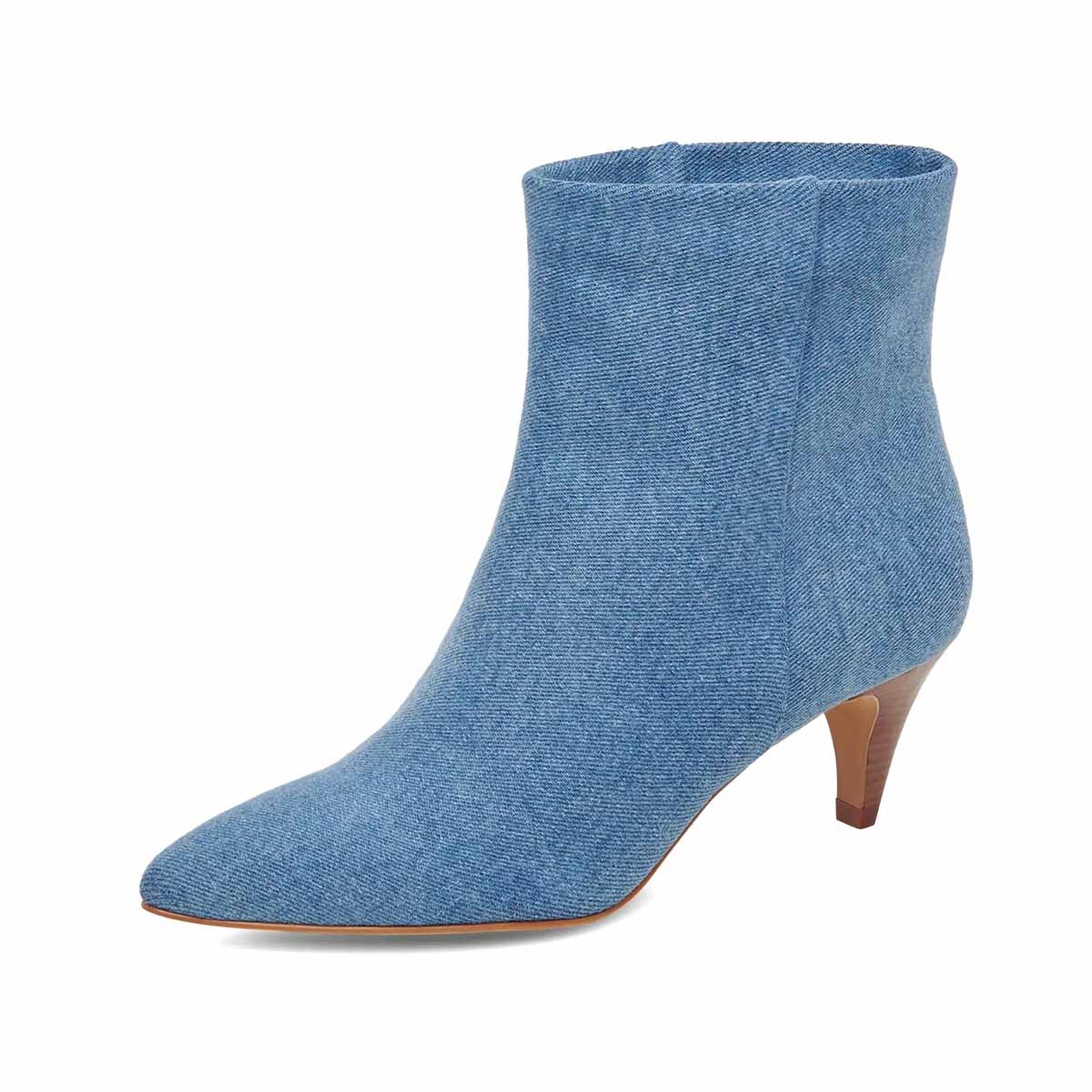 Blue Denim Pull-On Pointed Toe Kitten Heel Booties for Women Nicepairs