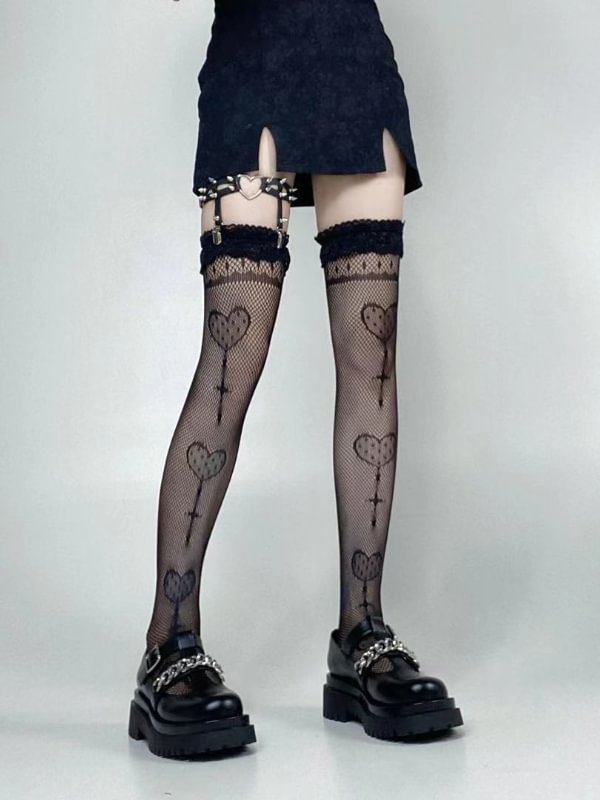 Fishnet Knee Length Lace Paneled Heart Balloon Pattern Stockings