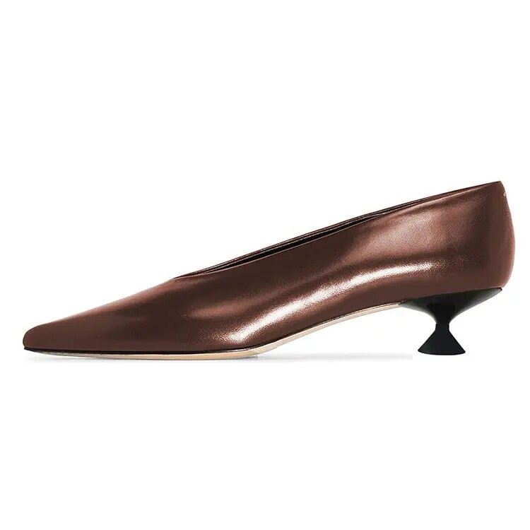 TAAFO Brown Low Heel Pumps Women's Pointed Toe Shoes Office Kitten Heels 