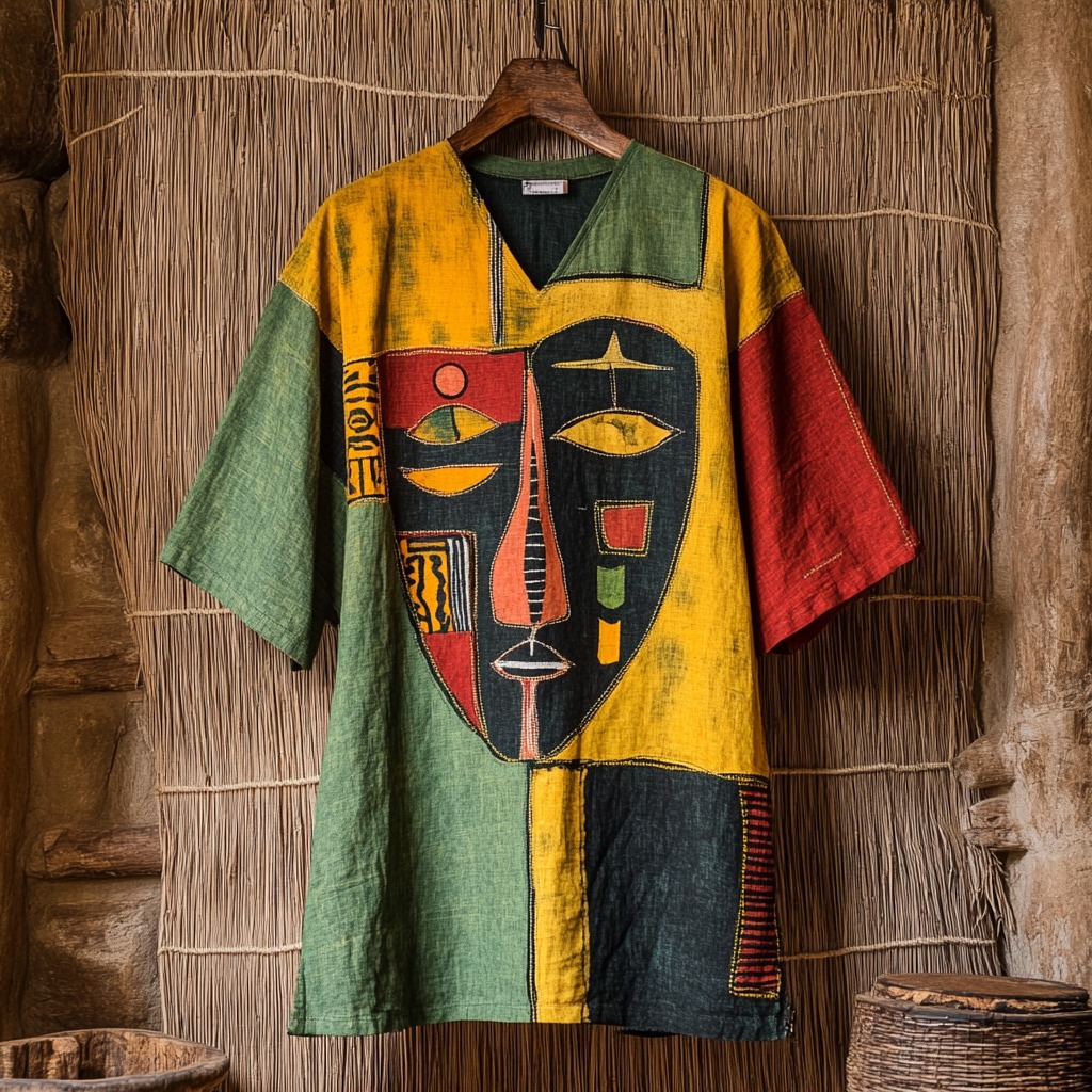 Men's Tribal African Masks Abstract Geometry Art Print Linen T-shirt