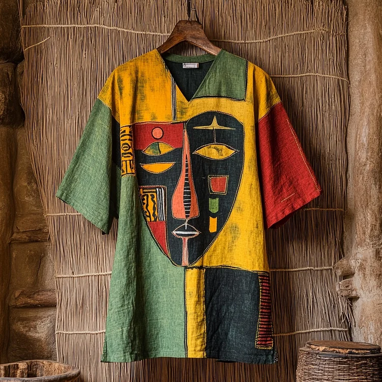 VChics Men's Tribal African Masks Abstract Geometry Art Print Linen T-shirt