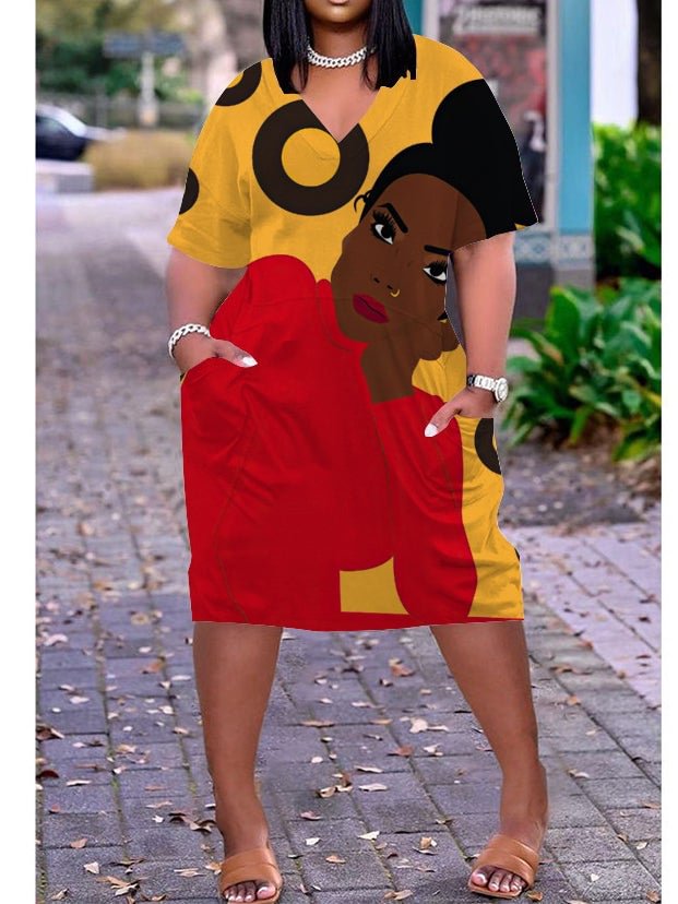 3D printed loose plus size v-neck mid-sleeve dress