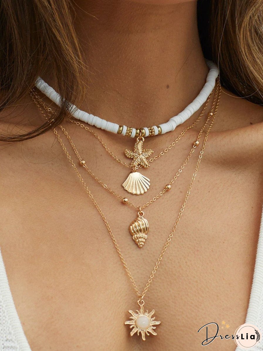 South Pacific Shell Starfish Multi-Layer Necklace Gold