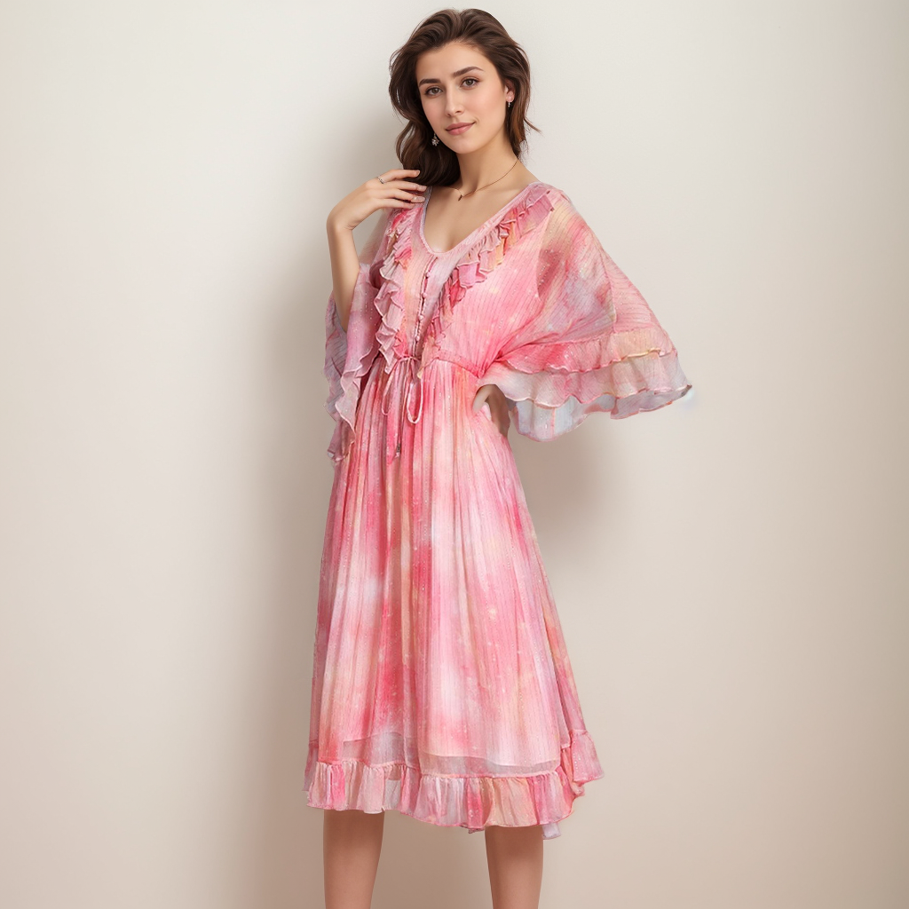 Pink 100 Silk Floral Dress V-neck REAL SILK LIFE