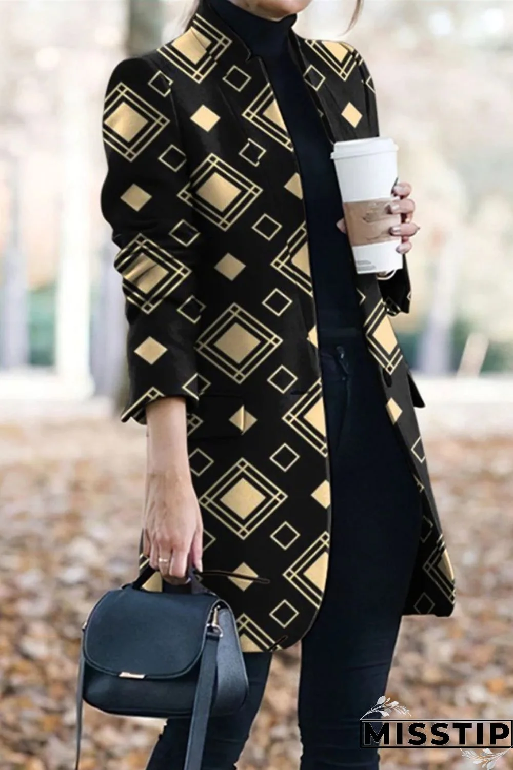 Green White Casual Print Patchwork Cardigan Turn-back Collar Outerwear