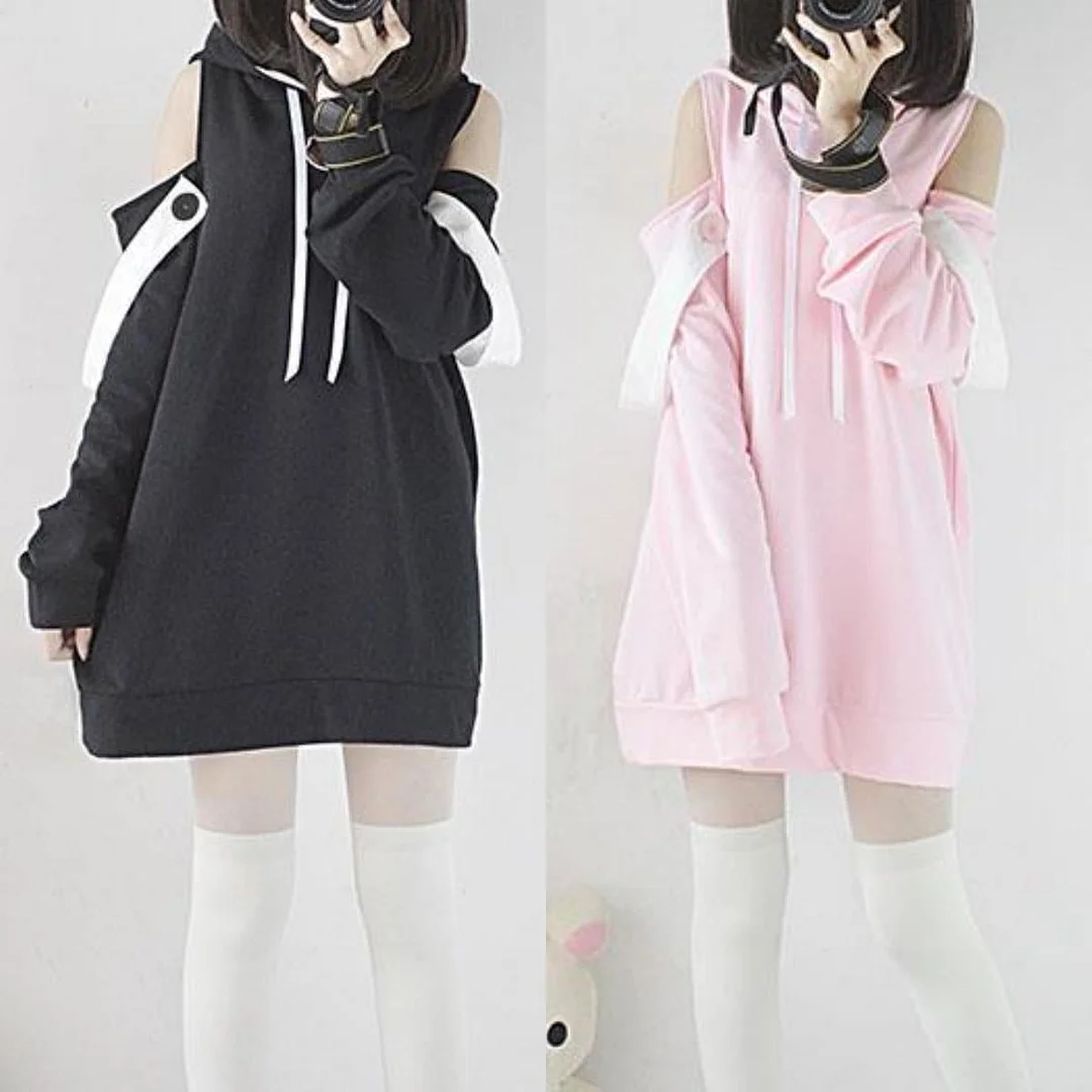 Black/Pink Cat Cut Out Hollow Chest Cat Ears Hoodie Sweater S12879