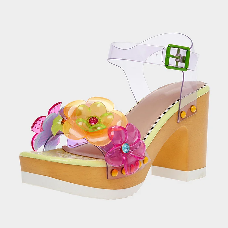 Elegant Platform transparent Sandals Girl's Flower Chunky Heels Ankle Strap Shoes |FSJ Shoes