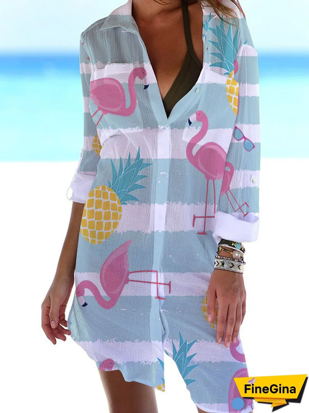Pineapple Flamingo Print Beach Shirt Dress