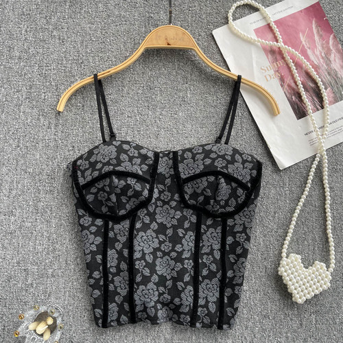 Ballifyex Chic Vintage Floral Print Camis Korean Fashion Tank Top Basic Slim Crop Top Sexy Goth Corset Bustier Summer Women Sling Tops Ins