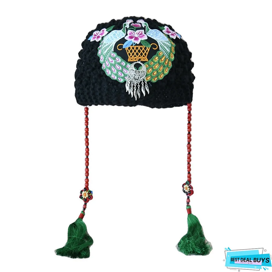 Autumn and Winter Embroidery Knitted Headbands, Women's Warm Forehead Covers, Women's Ethnic Style Hats