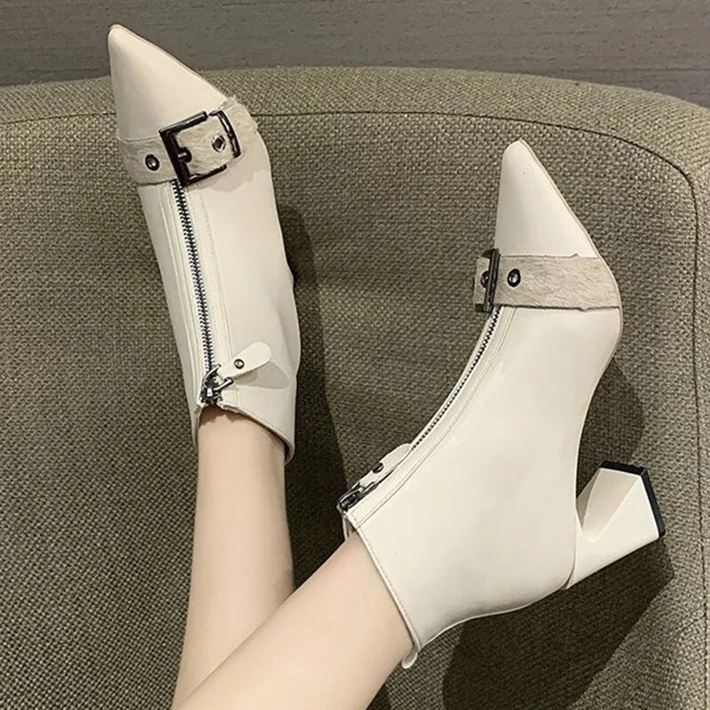 Women's Modern Boots Fashion Pointed Convenient Zipper Ladies Mid Heel Pumps Boots Leisure Ankle Boots Black Women's Shoes