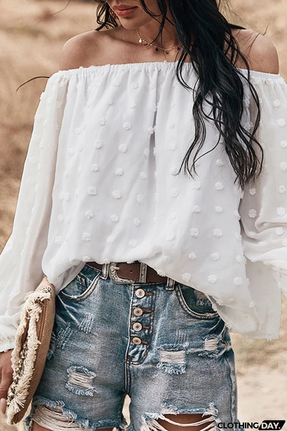 Off Shoulder Swiss Dot Blouse
