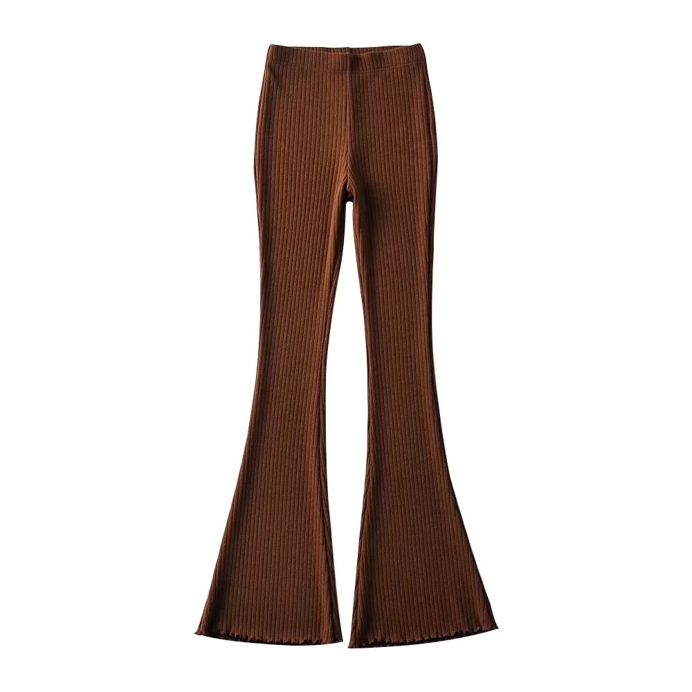 Ootddress Solid Knitted High Waist Flare Pants For Women Ribbed Casual Leggings Female Stretchy Bodycon Trousers Fashion Streetwear