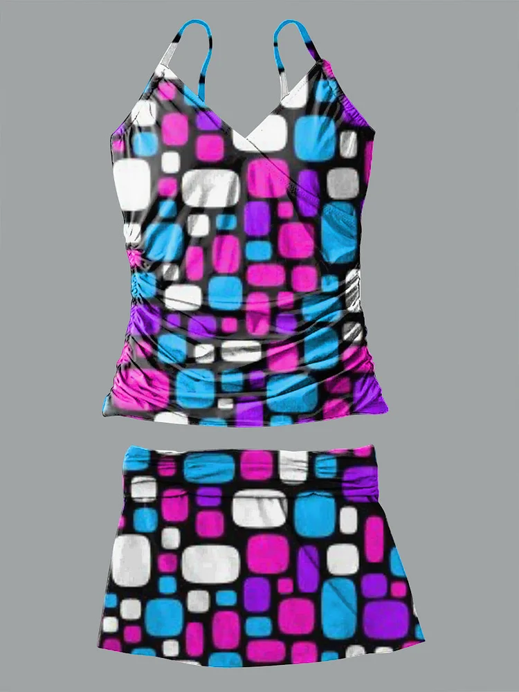 Geometric Color Block Print Suspender Skirt Bikini V-Neck Set Swimsuit