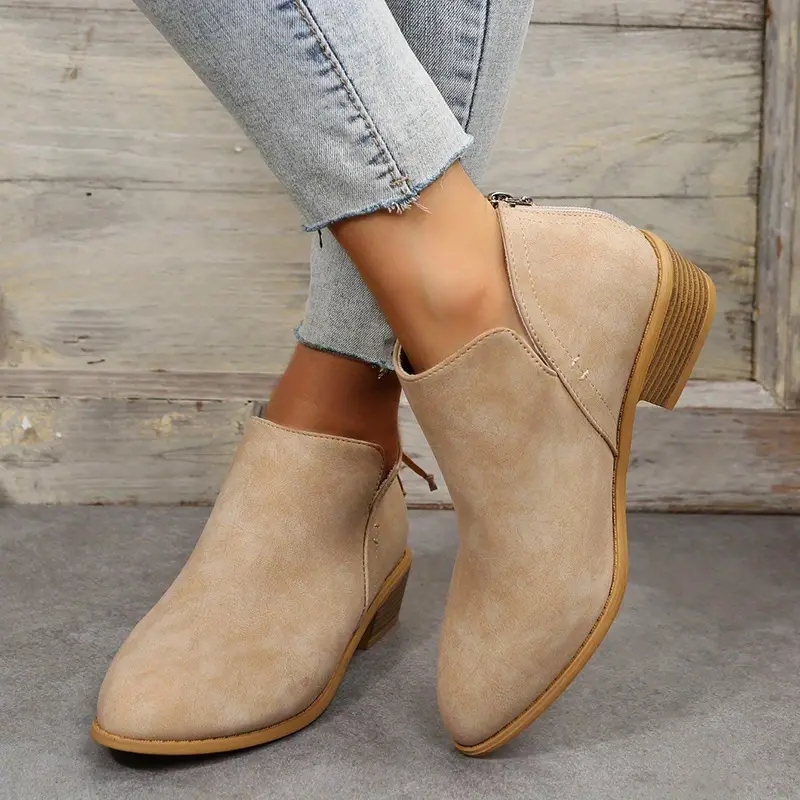 womens chunky heeled ankle boots solid color v zipper shoes stacked heeled short boots details 8
