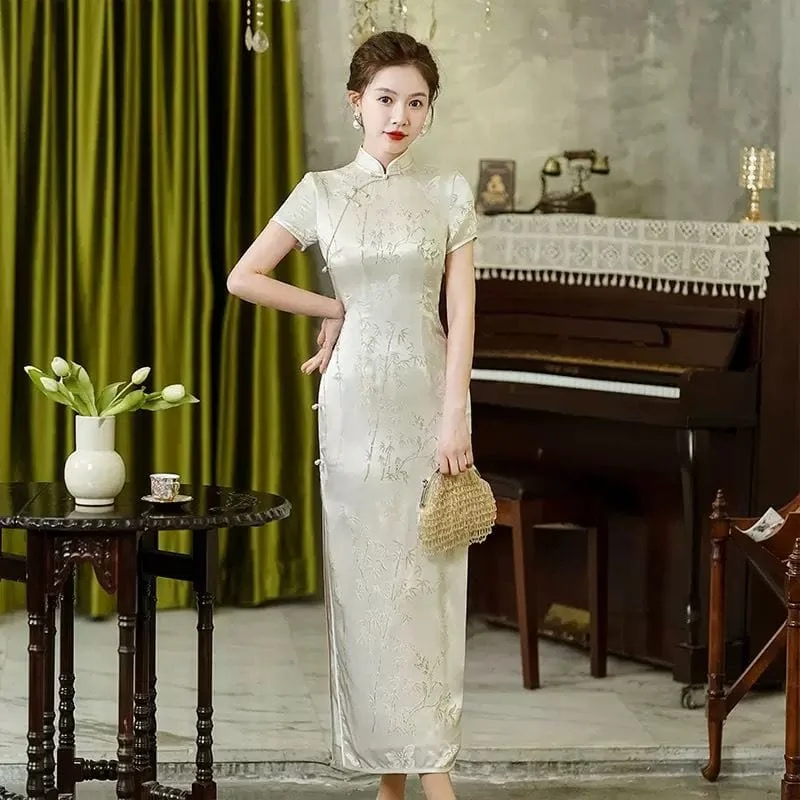 Bamboo leaf pattern, high-end, jacquard silk Cheongsam
