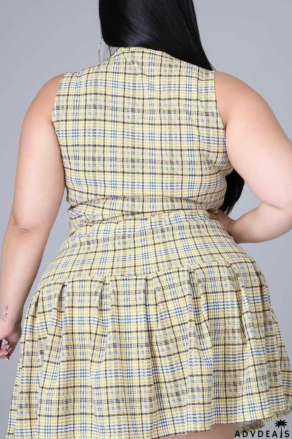 Yellow Fashion Casual Plaid Print Patchwork Zipper Collar Plus Size Two Pieces