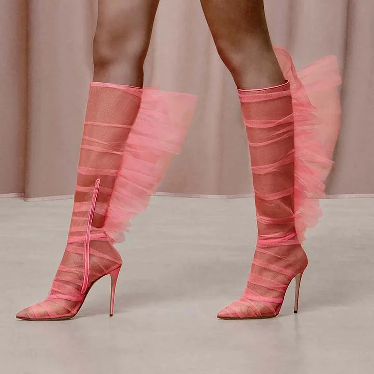 Pink Pointy Stiletto Heel Boots Butterfly Wing Design Shoes Knee Boots |FSJ Shoes