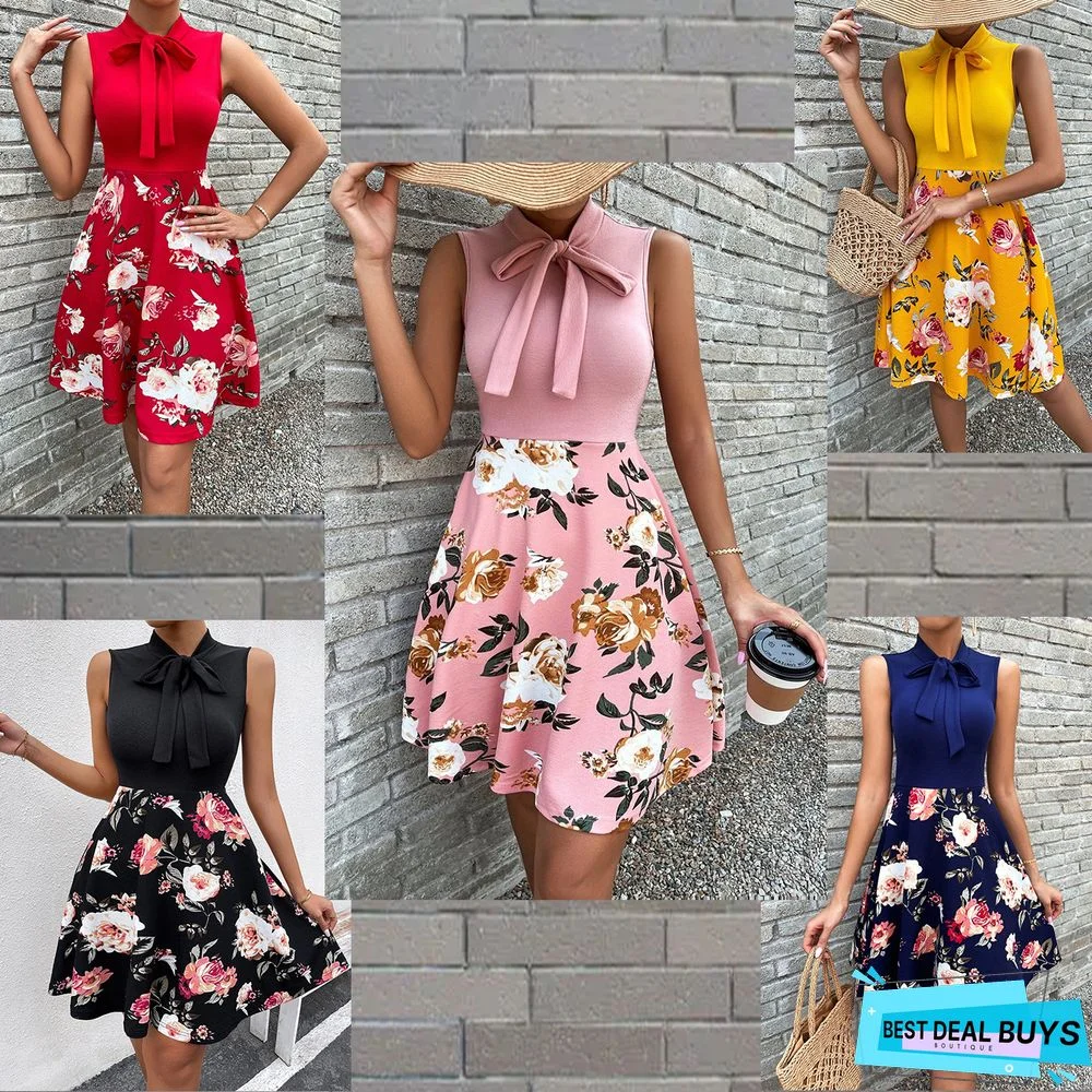 New Printed Short Skirt Bow Tie Dress