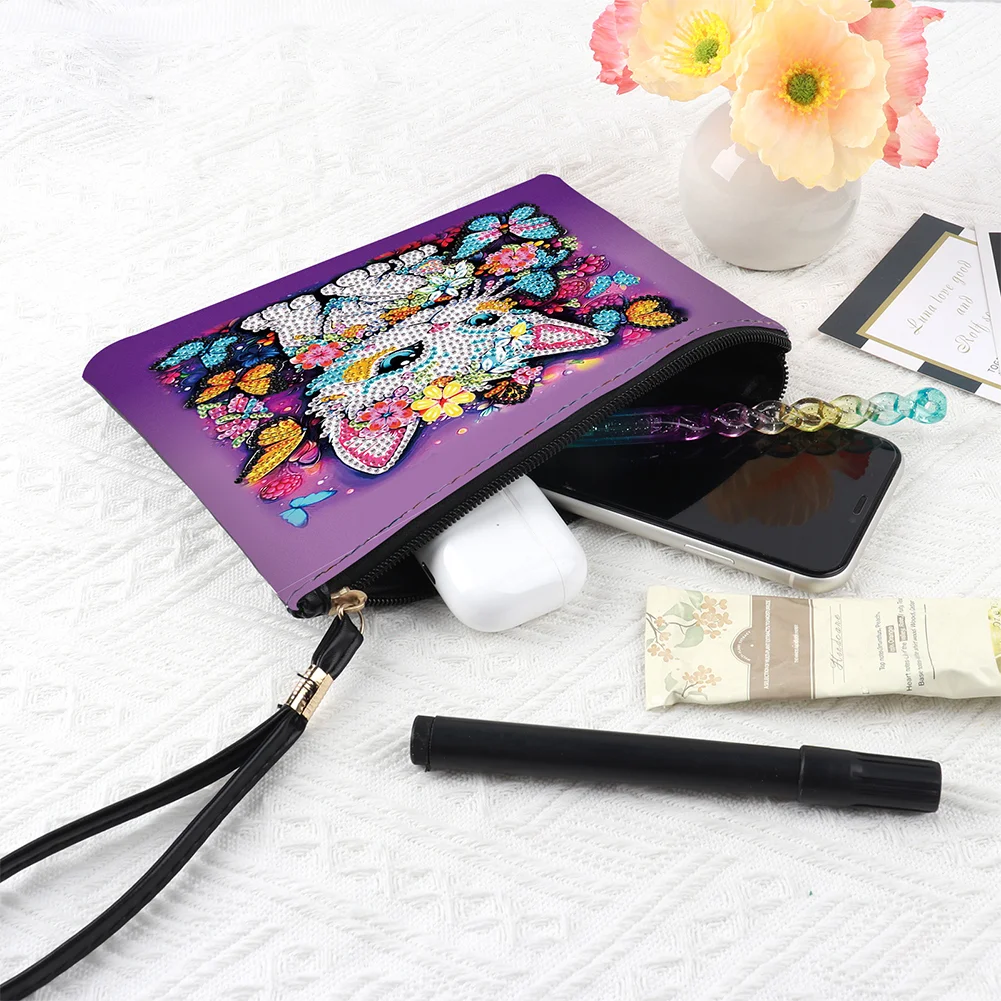 DIY Butterfly Cat PU Partial Special Shaped Diamond Painting Wallet Makeup Bag