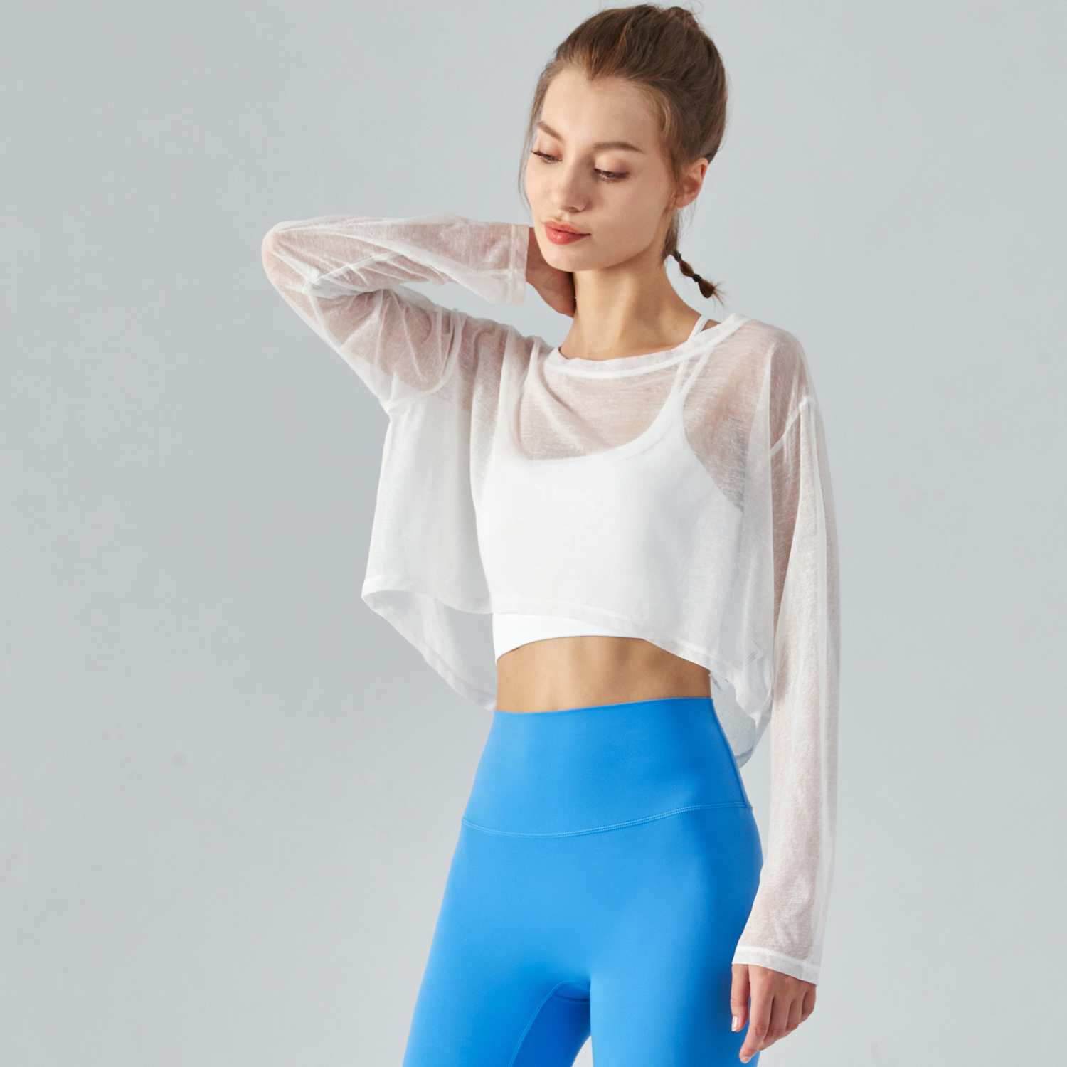 Hergymclothing White moth yarn antistatic yoga smock see through gym t-shirt online shopping