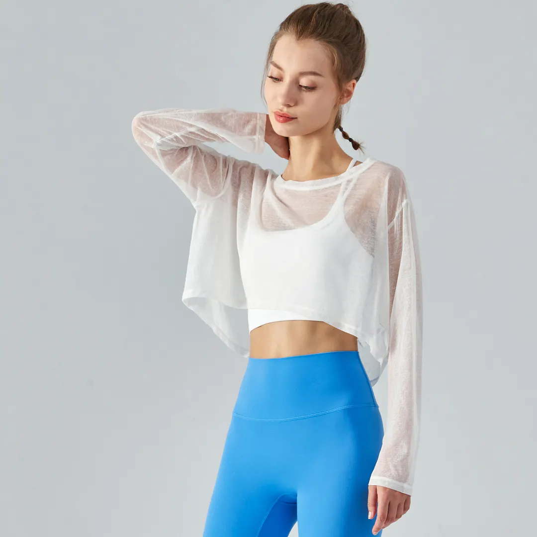 Hergymclothing White moth yarn antistatic yoga smock see through gym t-shirt online shopping