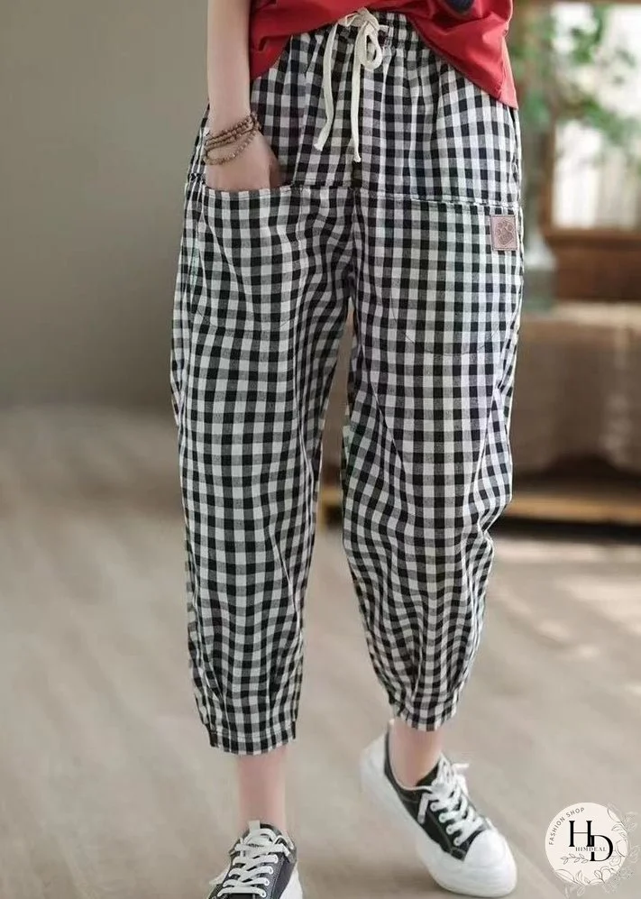 New Casual Big Plaid Pockets Elastic Waist Harlan Pants Autumn