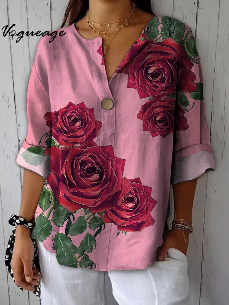 Simple And Elegant Rose Printed Cotton And Linen Shirt
